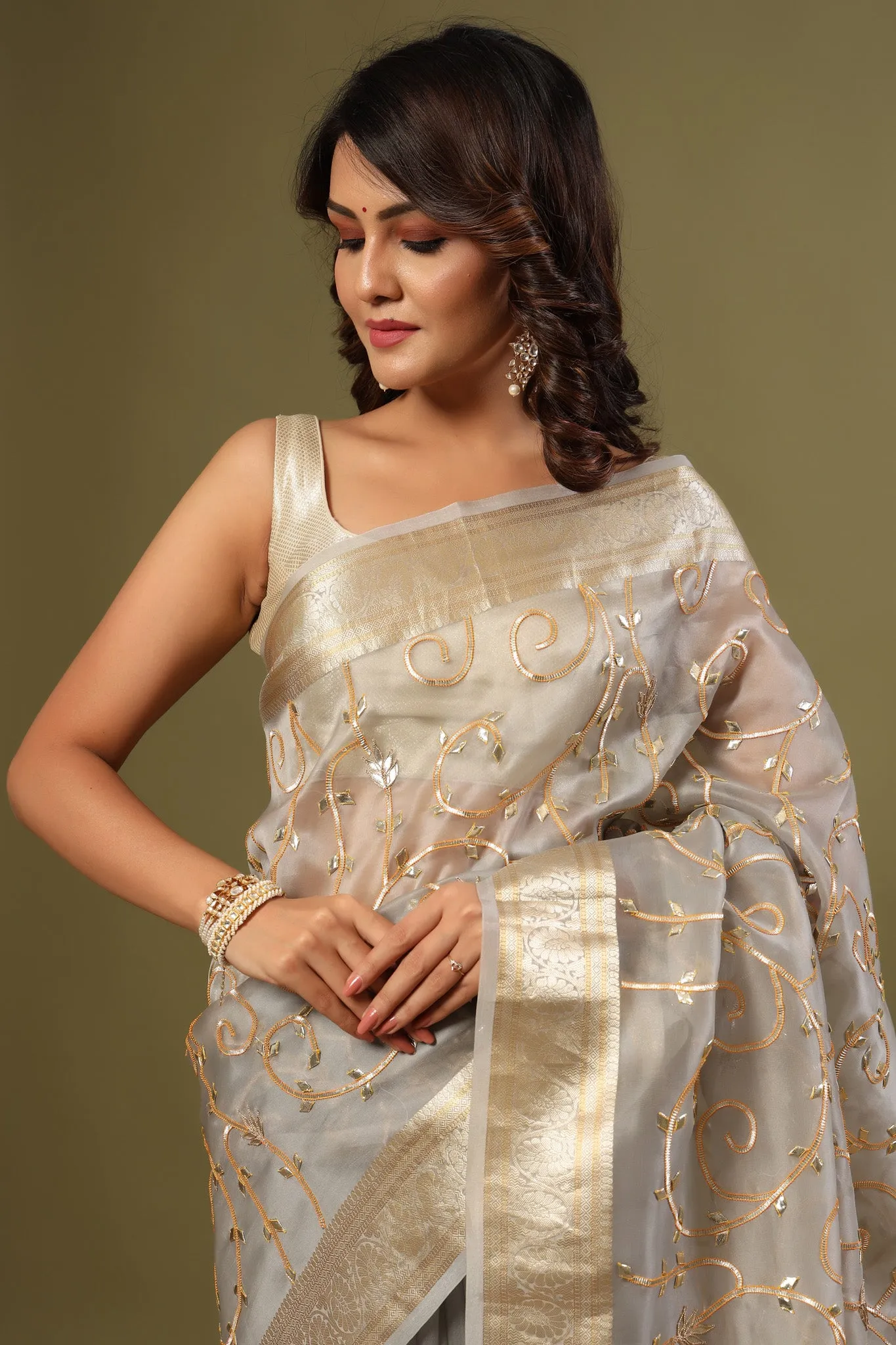 90Z547-RO Grey Gota Work Organza Saree with Zari Work