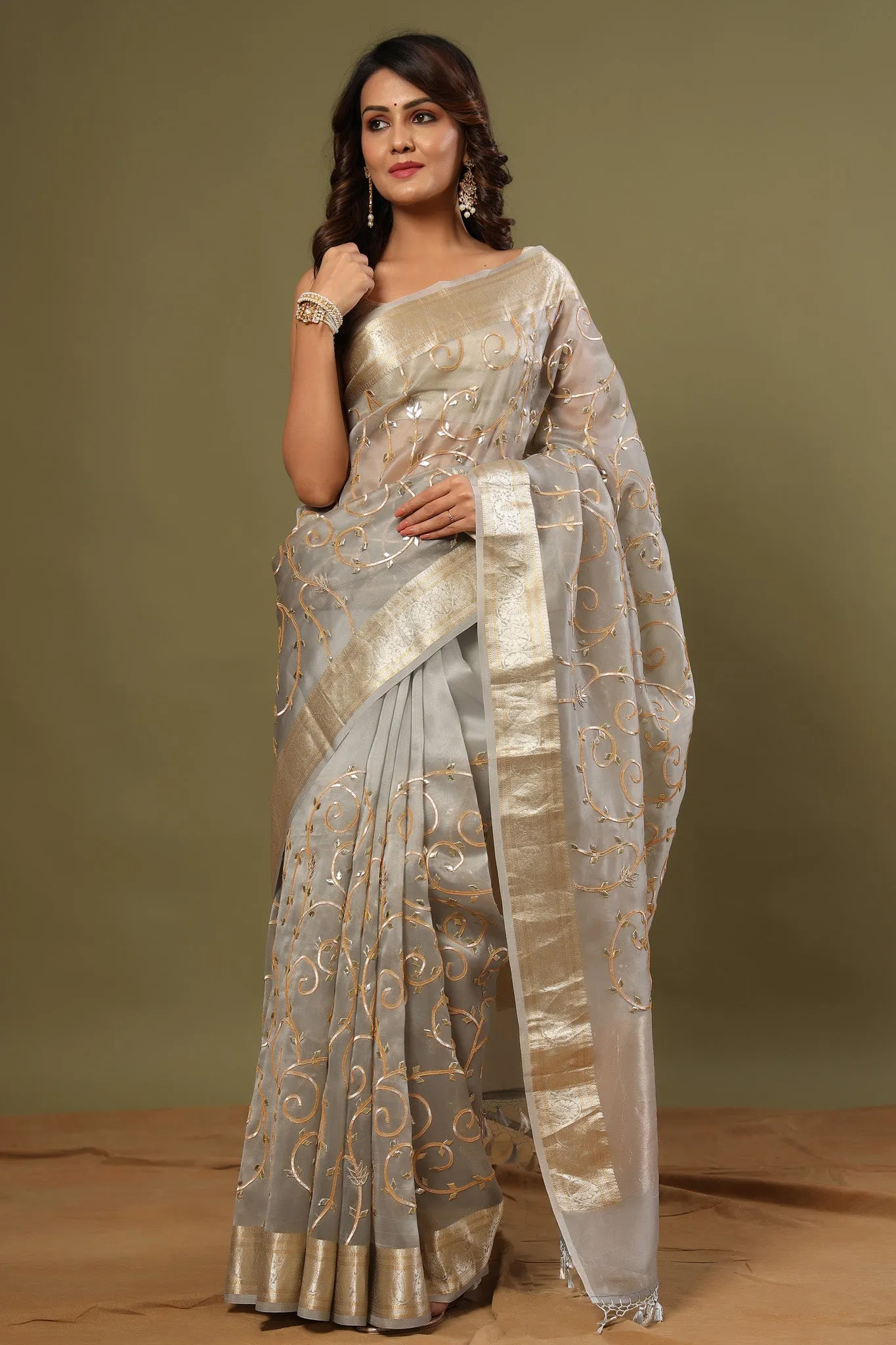 90Z547-RO Grey Gota Work Organza Saree with Zari Work