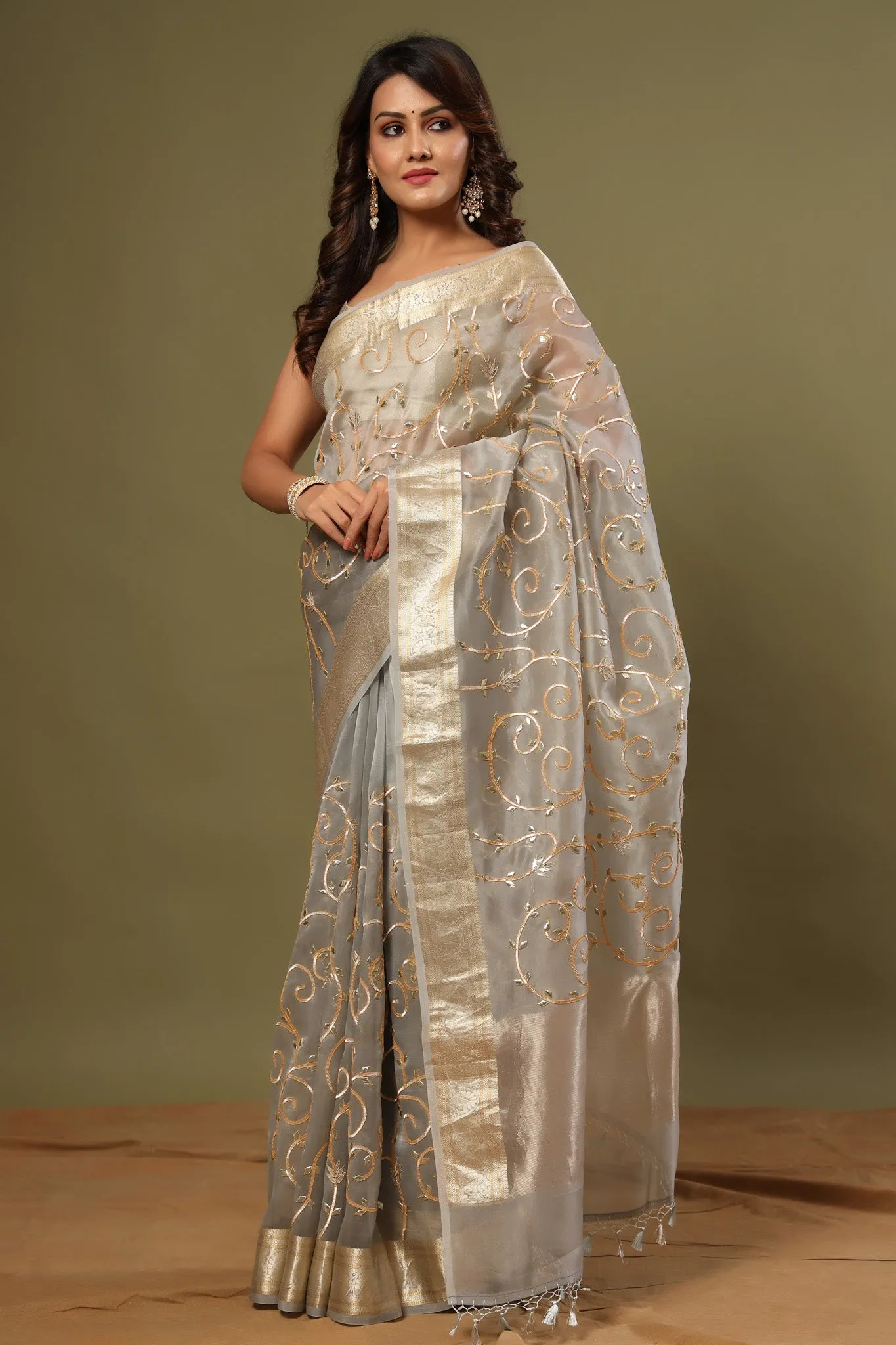 90Z547-RO Grey Gota Work Organza Saree with Zari Work