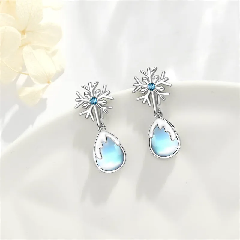 925 Sterling Silver Moonstone Dangle Earrings Hypoallergenic Snow Flower Earring Winter Jewelry Gifts for Women