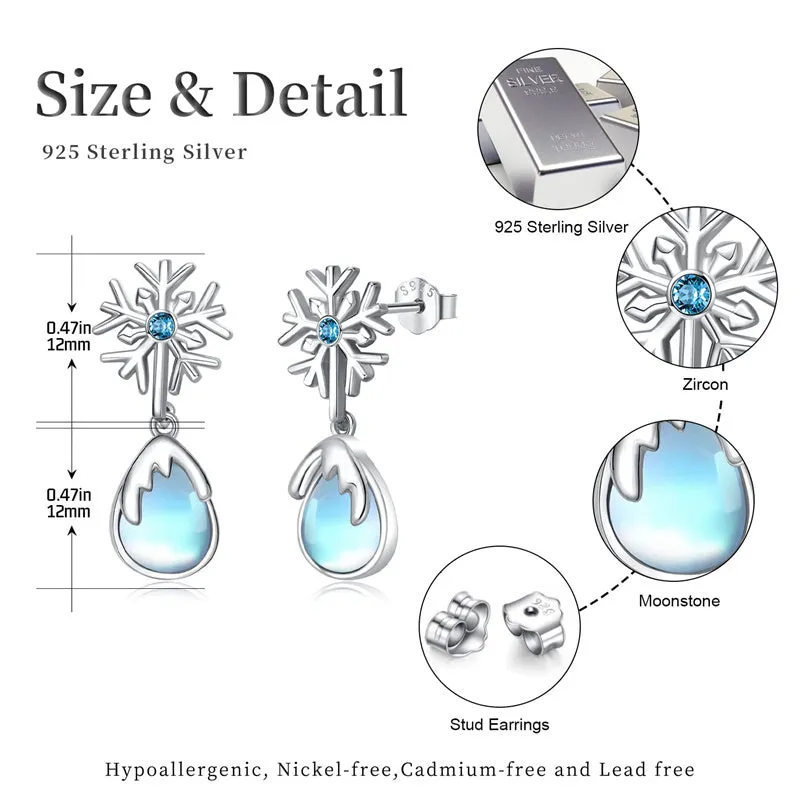 925 Sterling Silver Moonstone Dangle Earrings Hypoallergenic Snow Flower Earring Winter Jewelry Gifts for Women