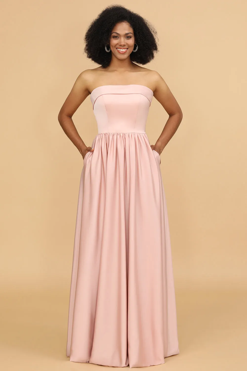 A Line Strapless Blush Satin Long Bridesmaid Dress