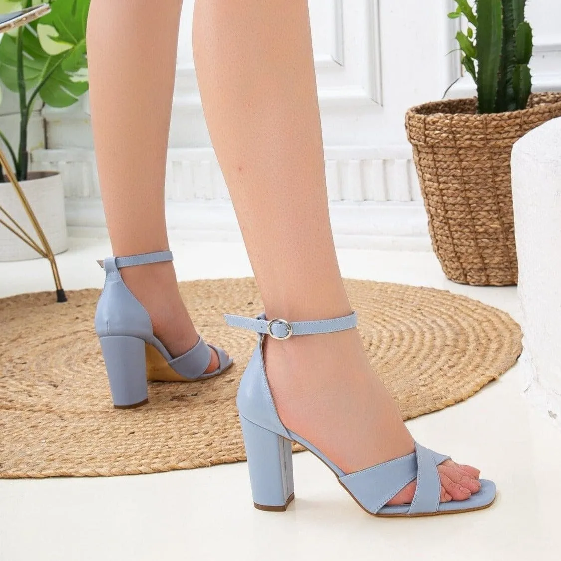 Amelia Vegan Leather Heeled Sandals | Light Blue