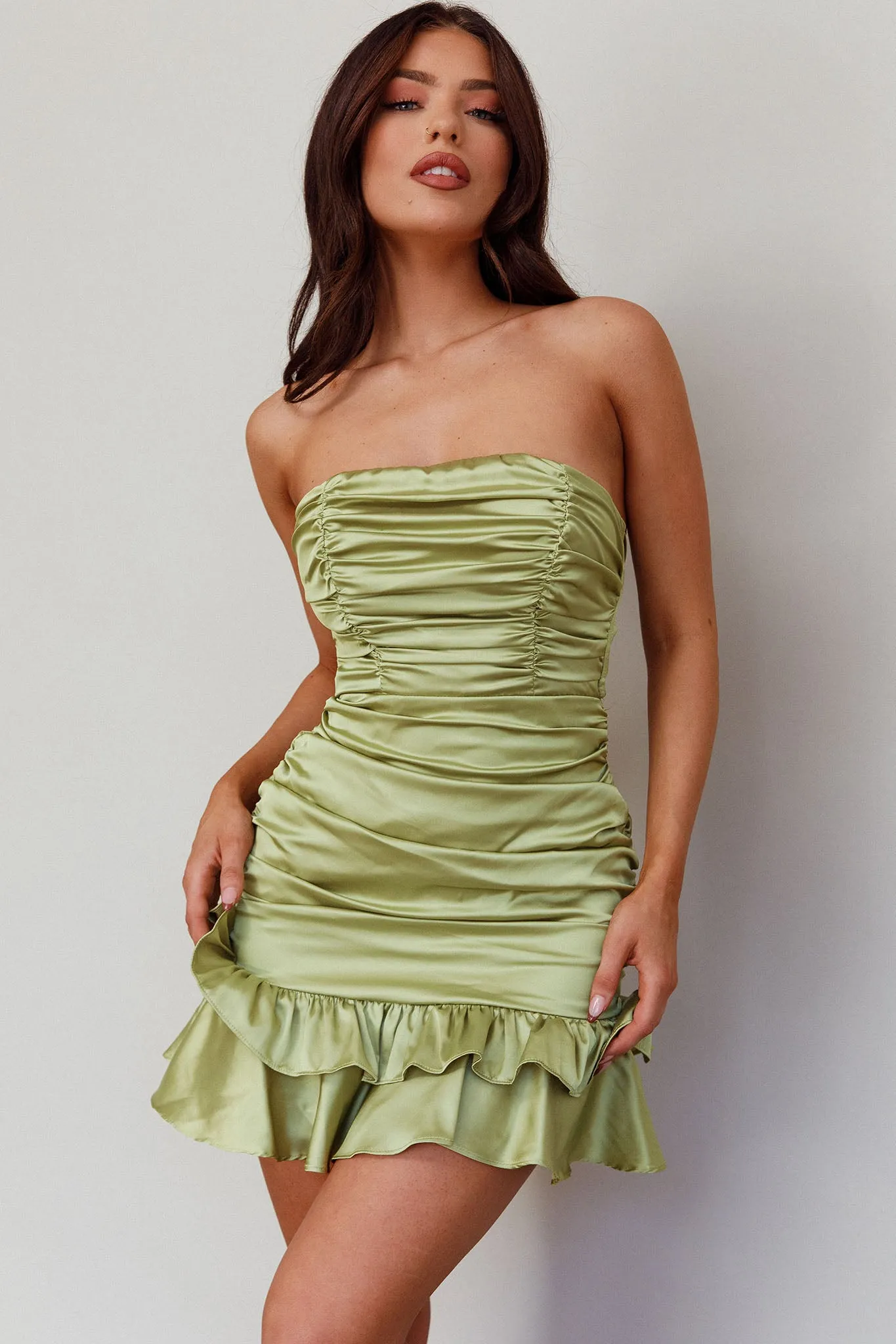 Annabella Strapless Tied Back Frill Hem Mini Dress Olive