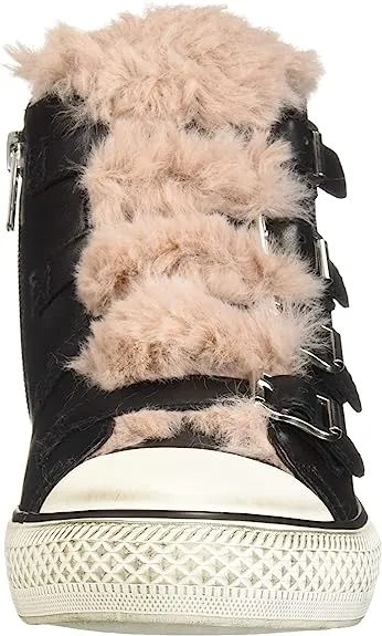 Ash Valko Black Ash Rose Fur Lined Buckle Strap High Top Sneakers Ankle Booties