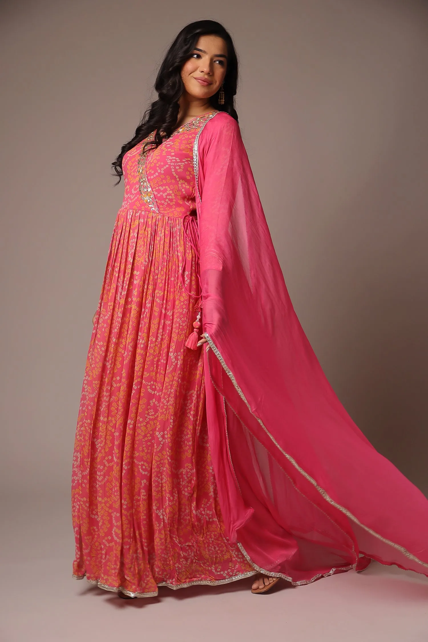 Bandhej Anarkali Georgette Suit with Gota Patti work.