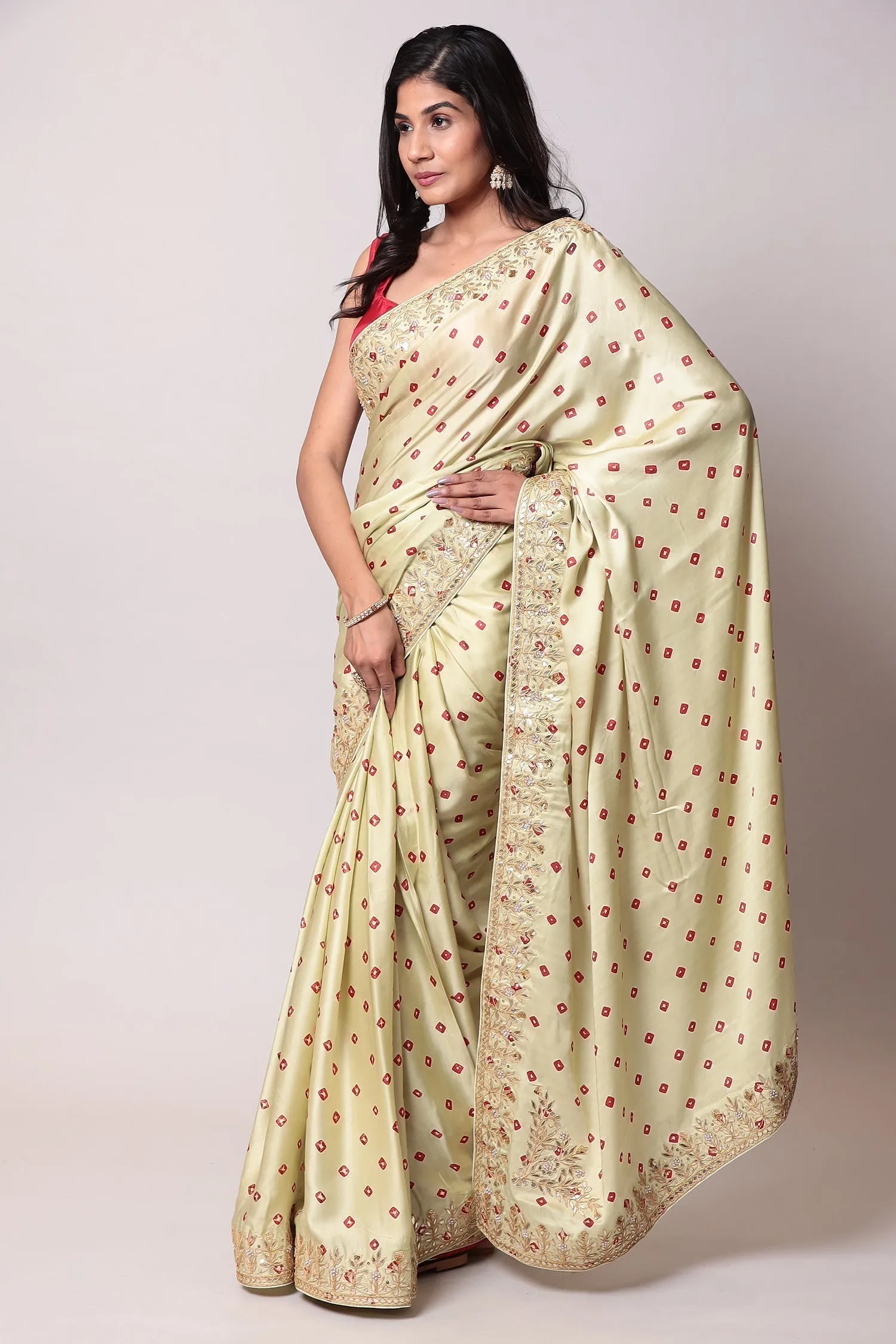 Bandhej Satin silk Saree with Gota Patti work.