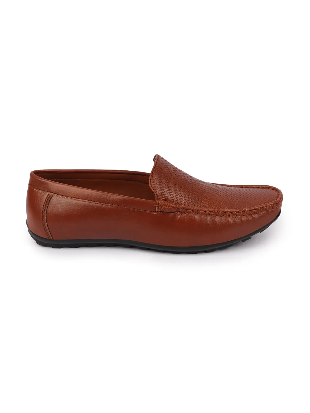 Basics Men Tan Textured Print Side Stitched Casual Slip On Loafers and Moccasin Shoes