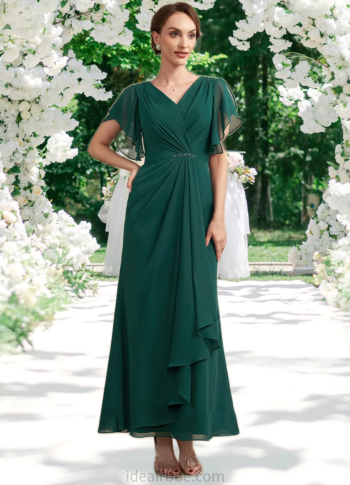 Baylee A-Line V-neck Ankle-Length Chiffon Mother of the Bride Dress With Ruffle Beading Sequins STK126P0014672