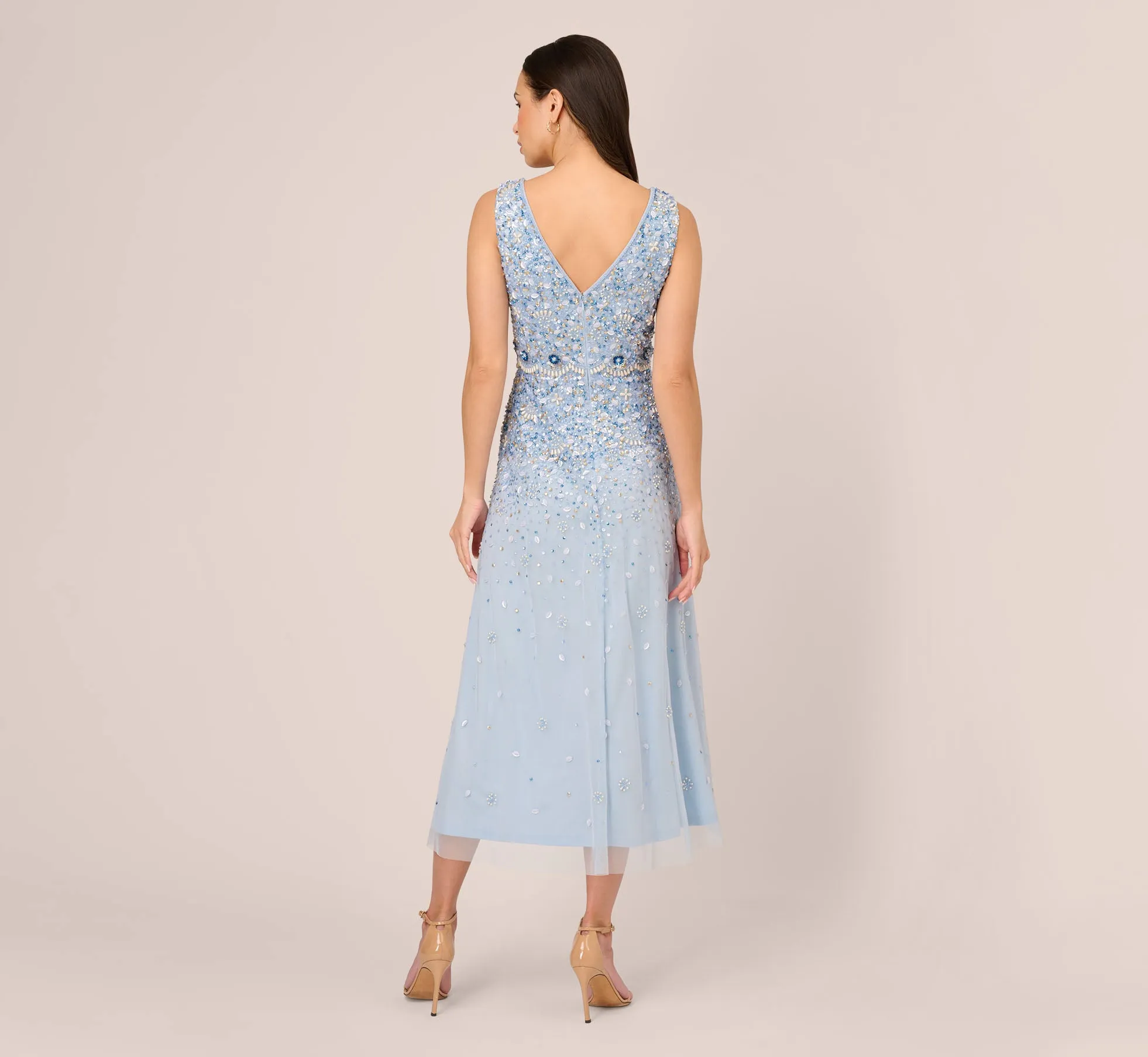 Beaded Sleeveless Ankle Length Gown With V Back In Elegant Sky