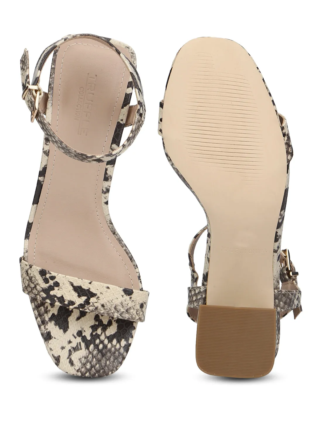 Beige Snake PU Thin Ankle Strap Low Block Heels