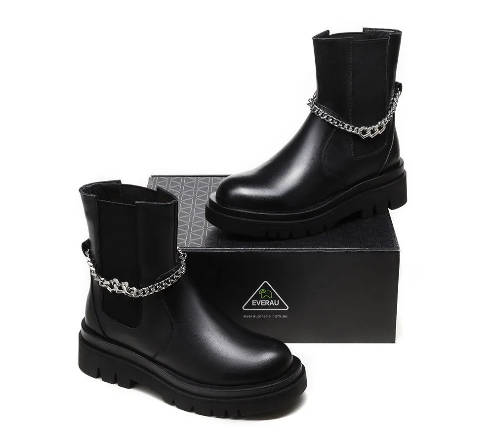 Black Leather Ankle Boots With Removable Metal Chain Decor Women Cheska