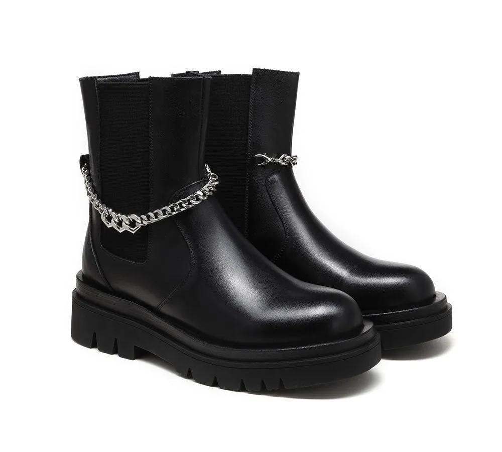 Black Leather Ankle Boots With Removable Metal Chain Decor Women Cheska