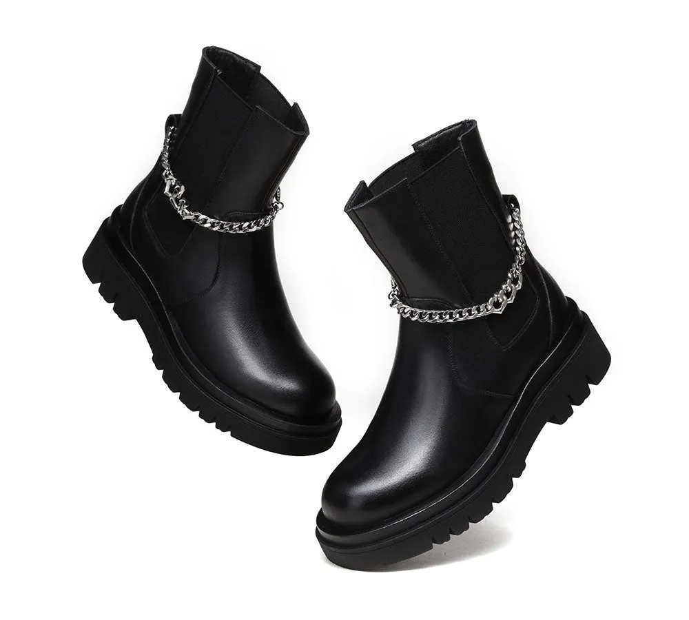 Black Leather Ankle Boots With Removable Metal Chain Decor Women Cheska