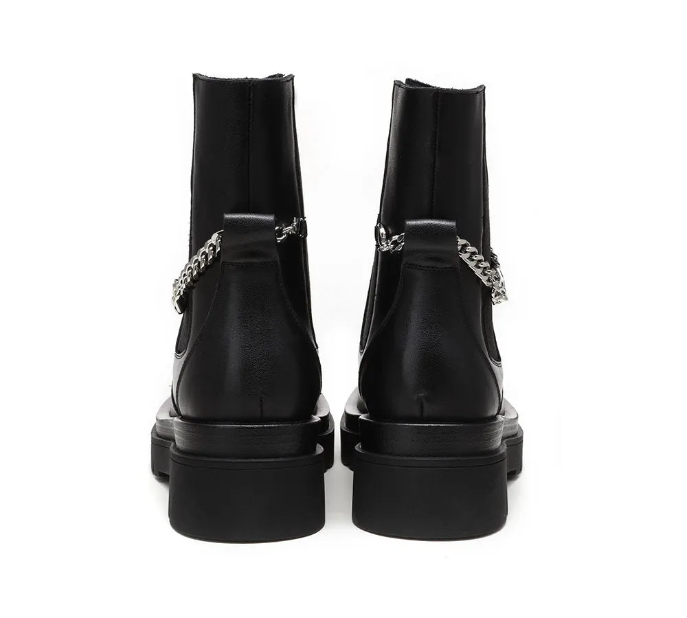 Black Leather Ankle Boots With Removable Metal Chain Decor Women Cheska