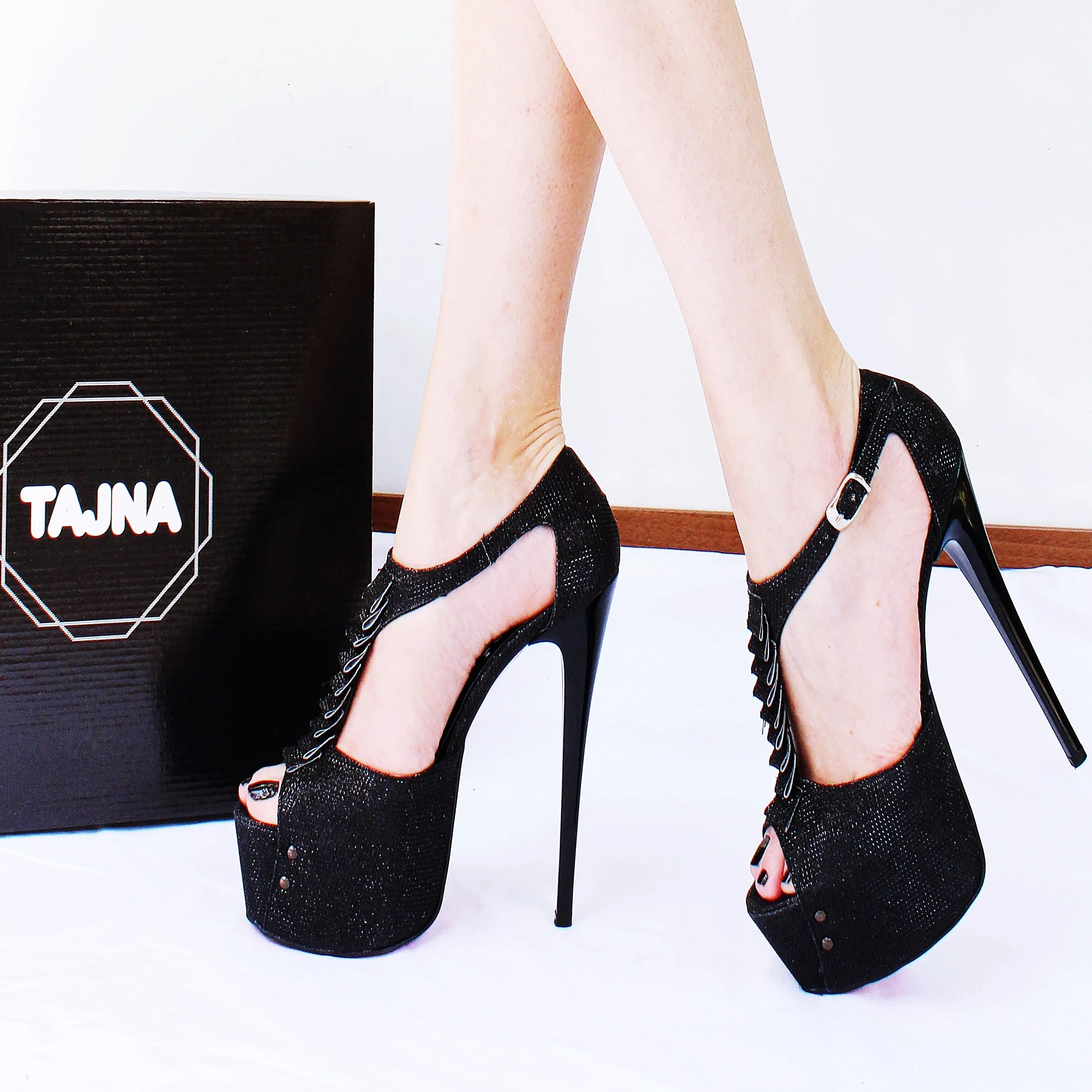 Black Shiny Ribbon Peep Toe Platform Shoes