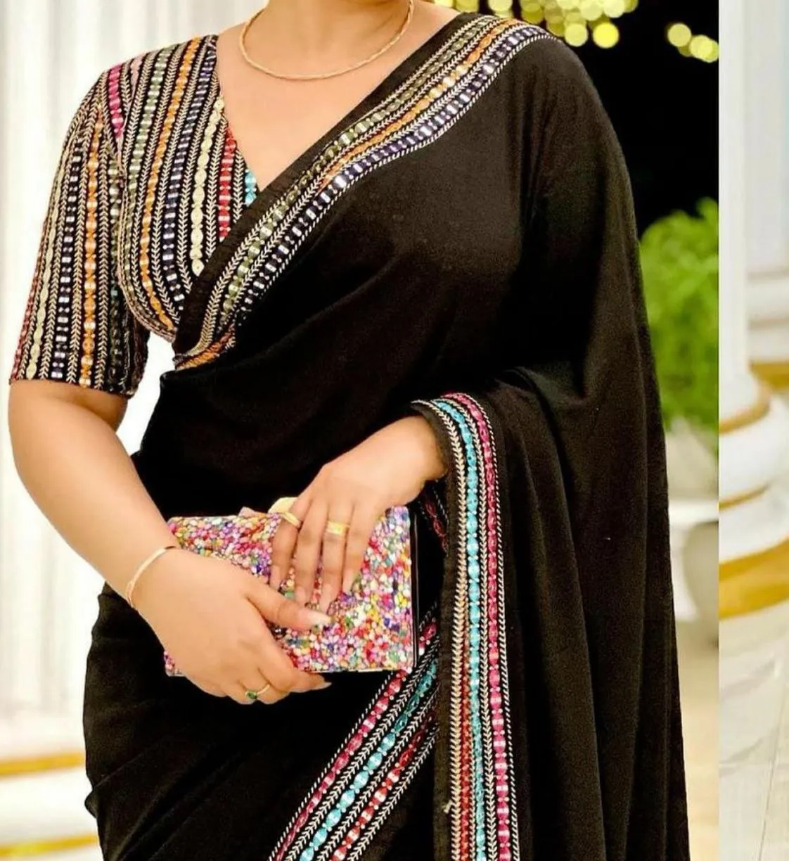 Black Smooth Georgette Multicolour Sequins Work Saree