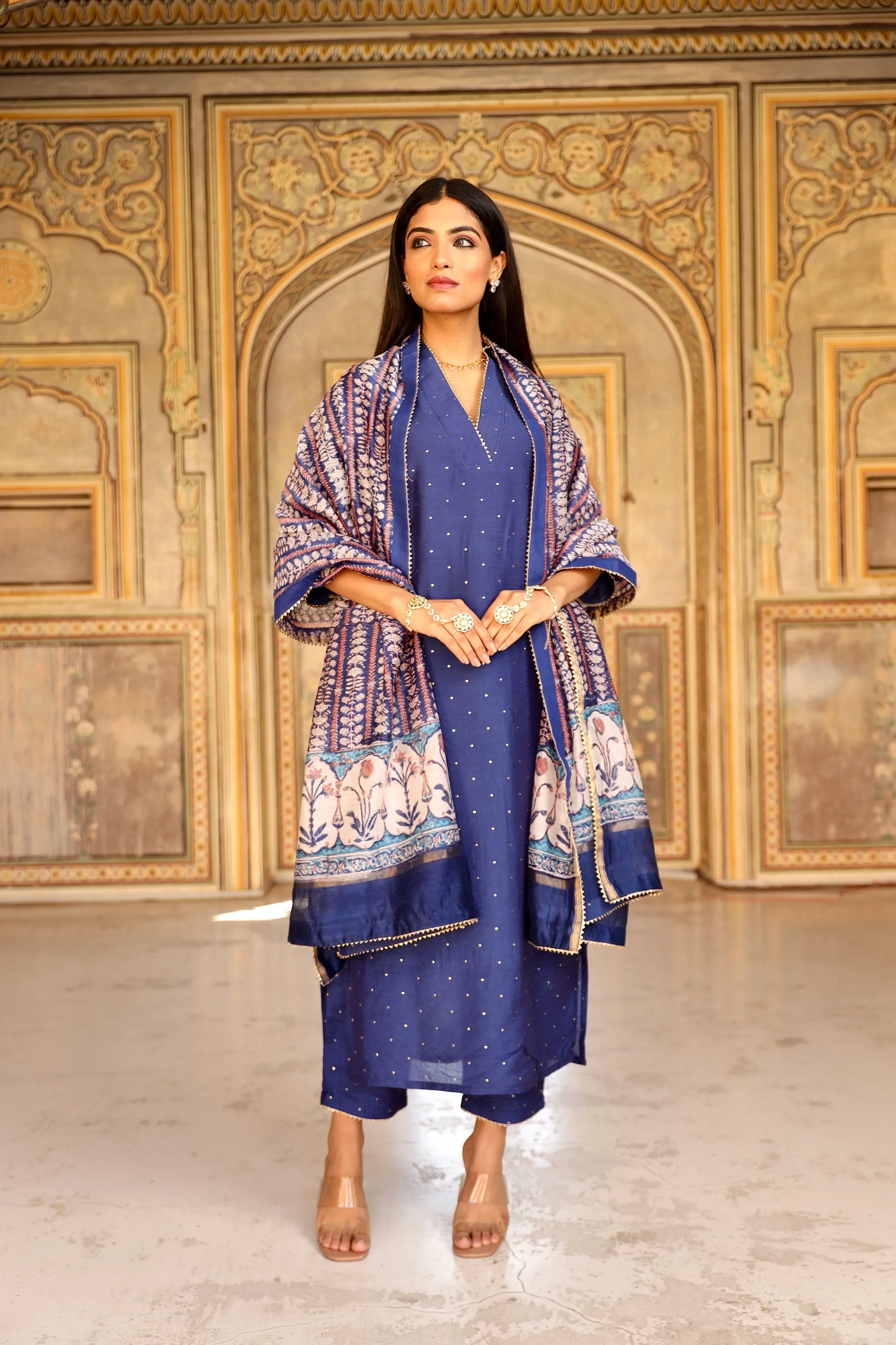 Blue mukaish work chanderi straight set