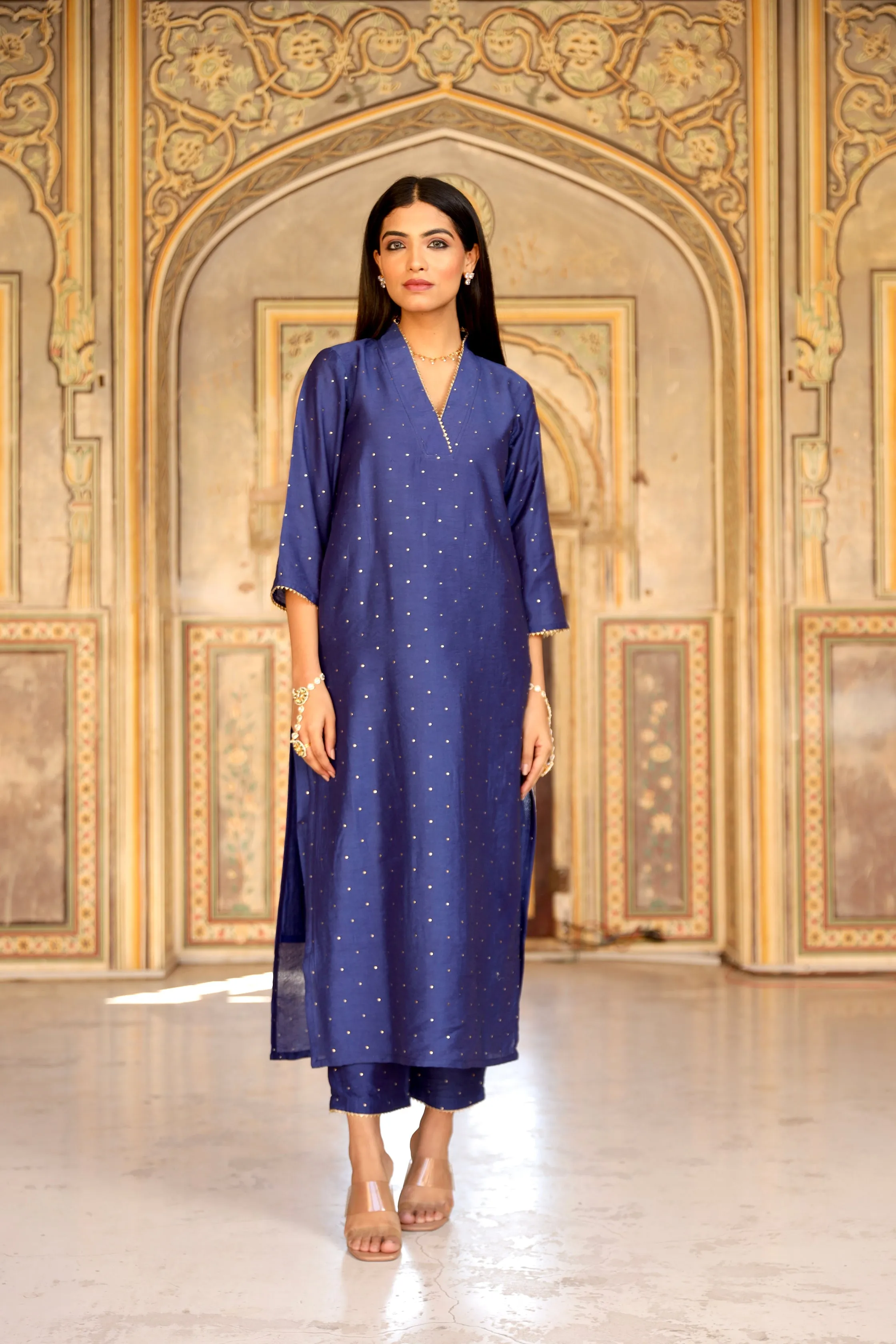 Blue mukaish work chanderi straight set