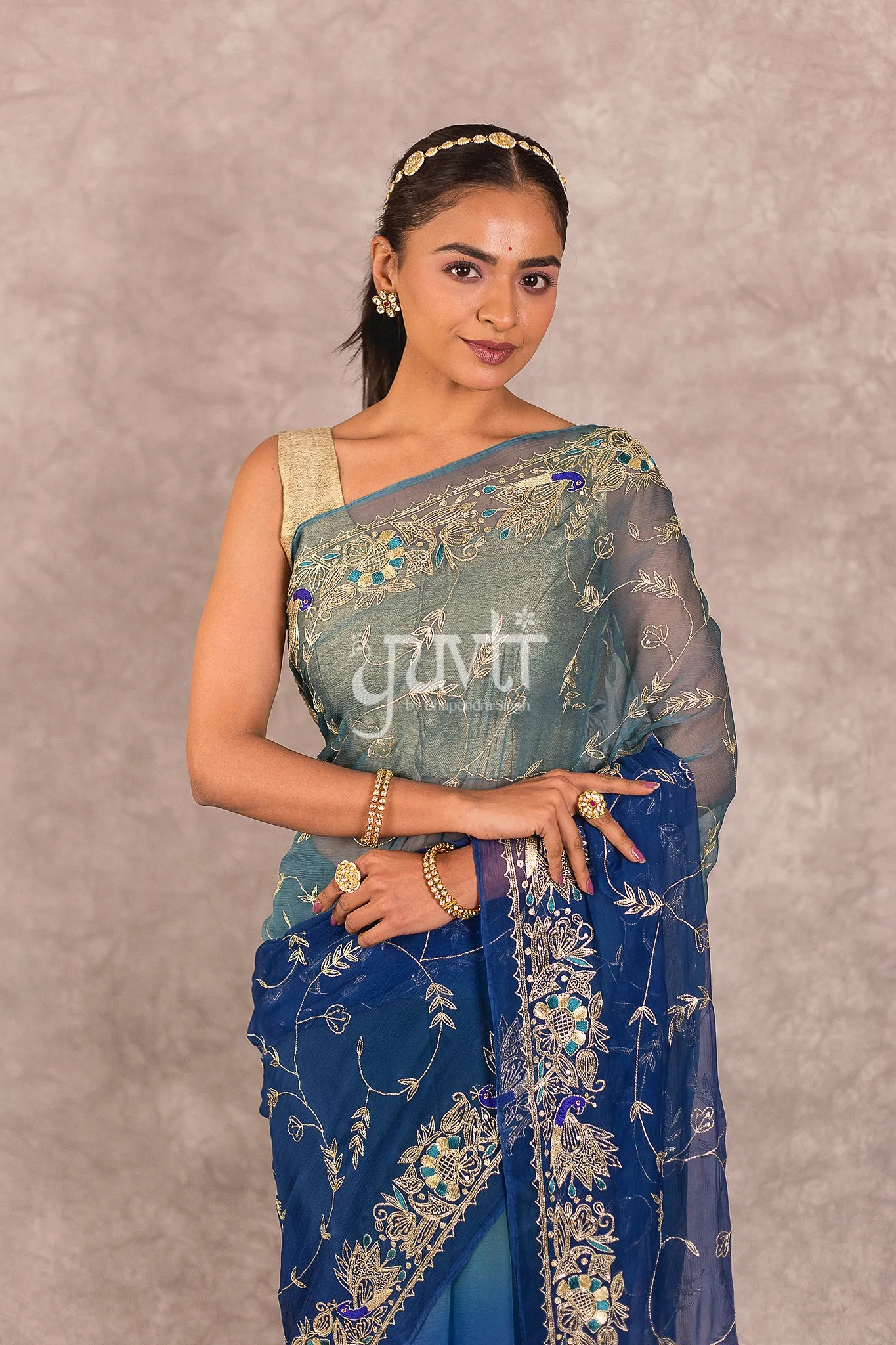 Blue Shaded Viscose Chiffon zari work Saree