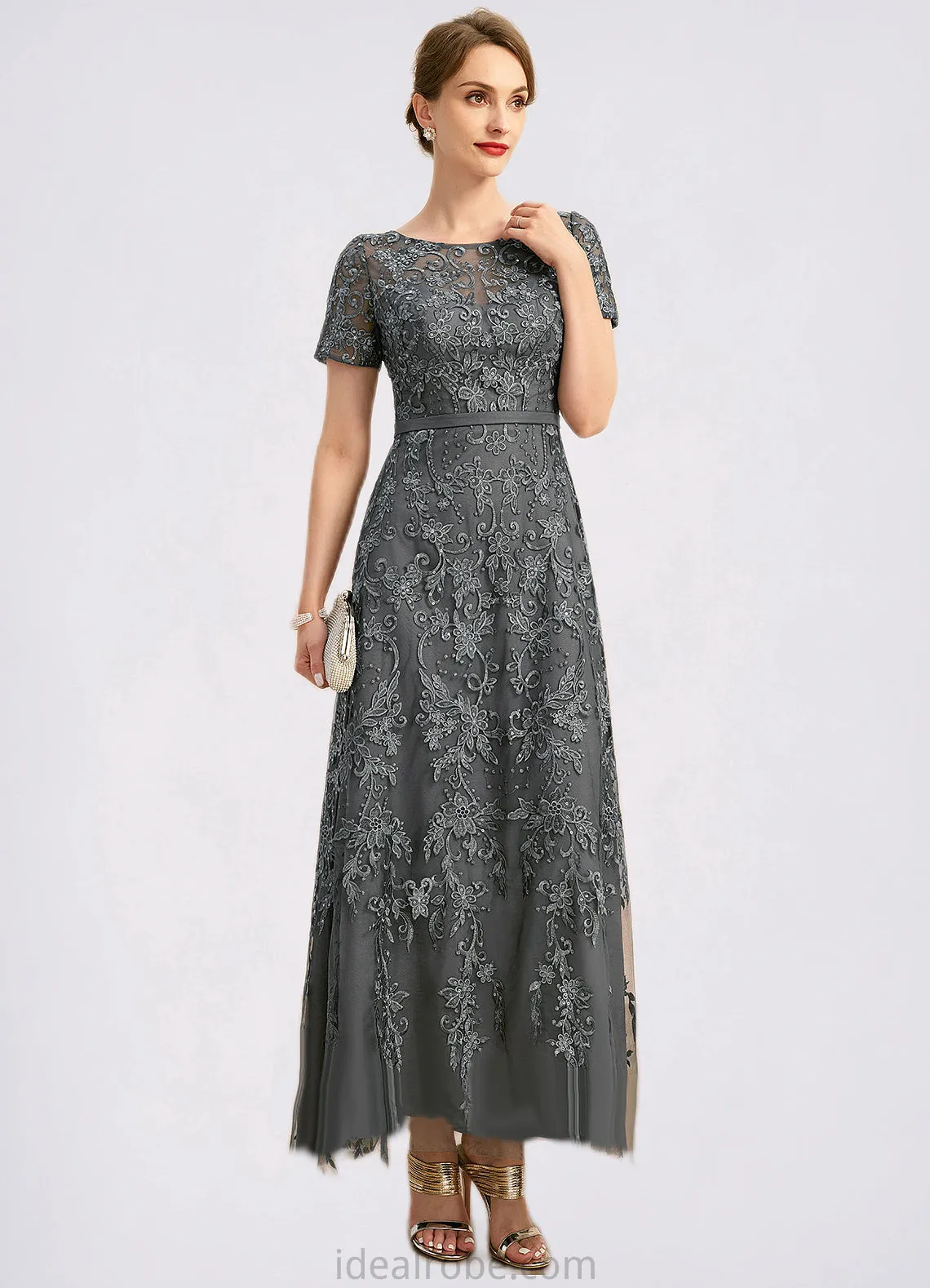 Braelyn A-line Scoop Illusion Ankle-Length Chiffon Lace Mother of the Bride Dress With Sequins STKP0021753