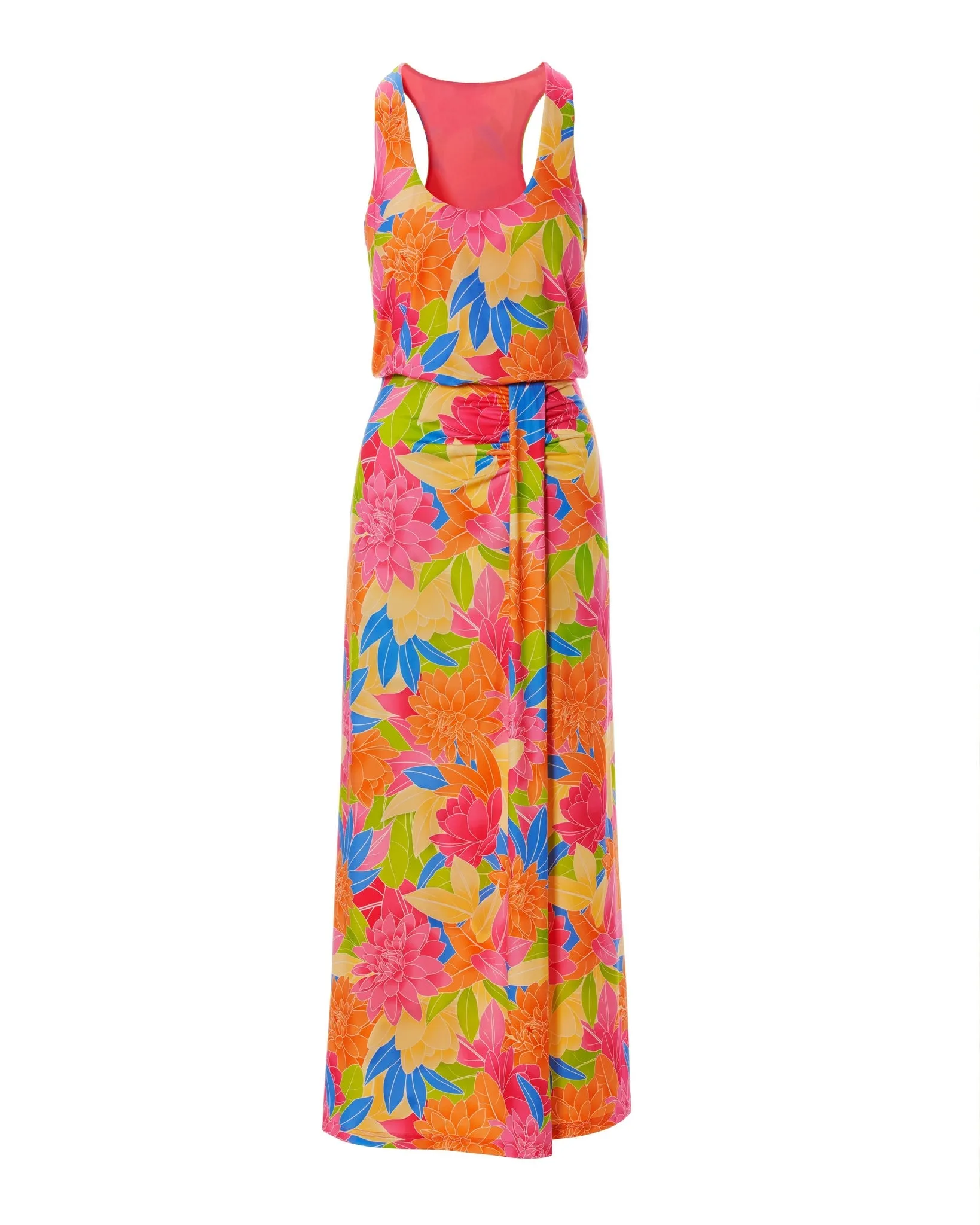 Bright Blooms Print Scoop Neck Blouson Ankle Length Dress Multi