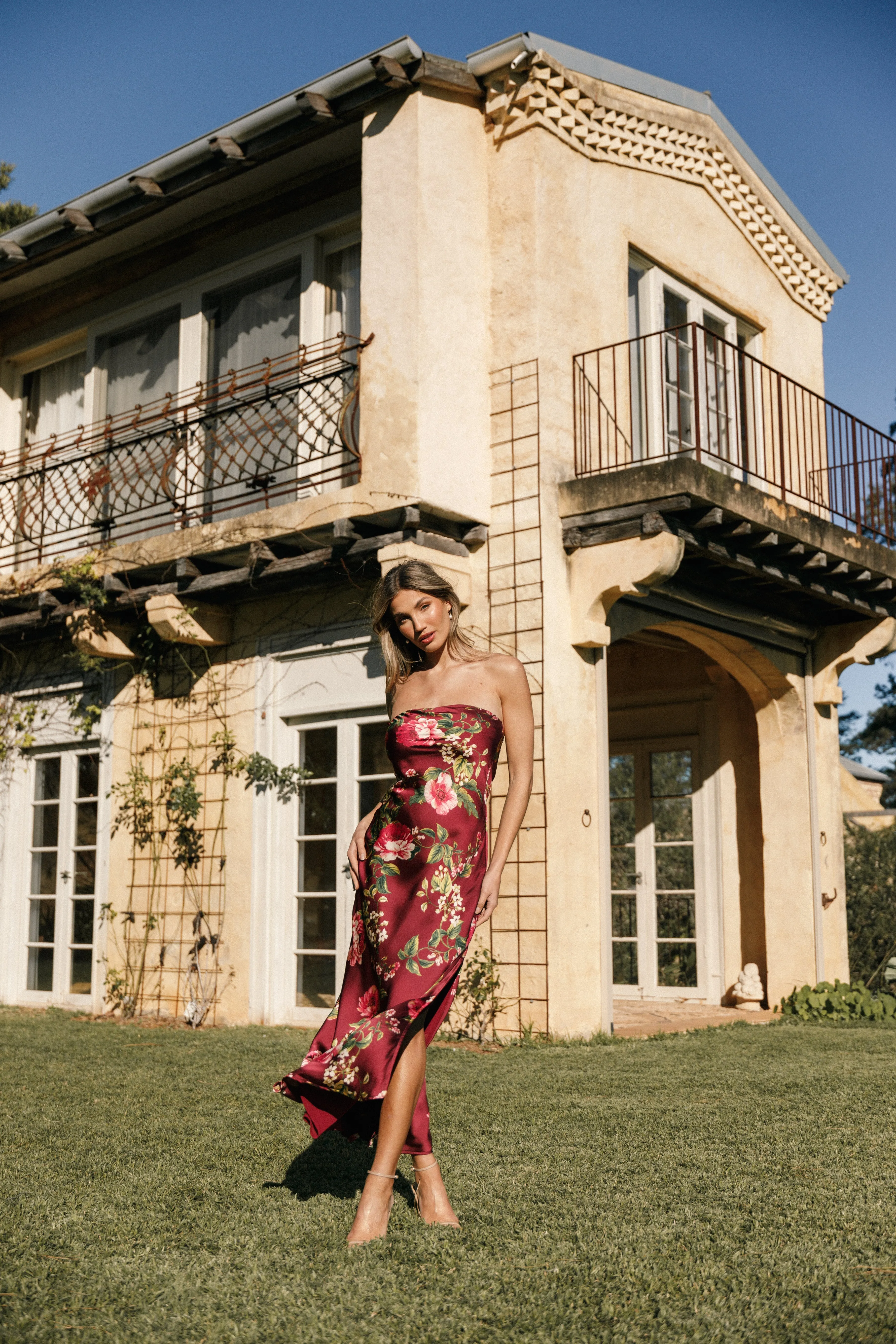 Bryden Maxi Strapless Dress - Burgundy Floral