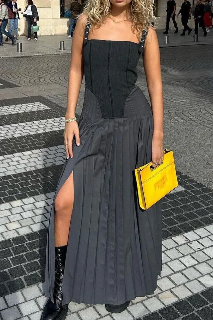 Buckle Strap Pleated Bustier Maxi Dress