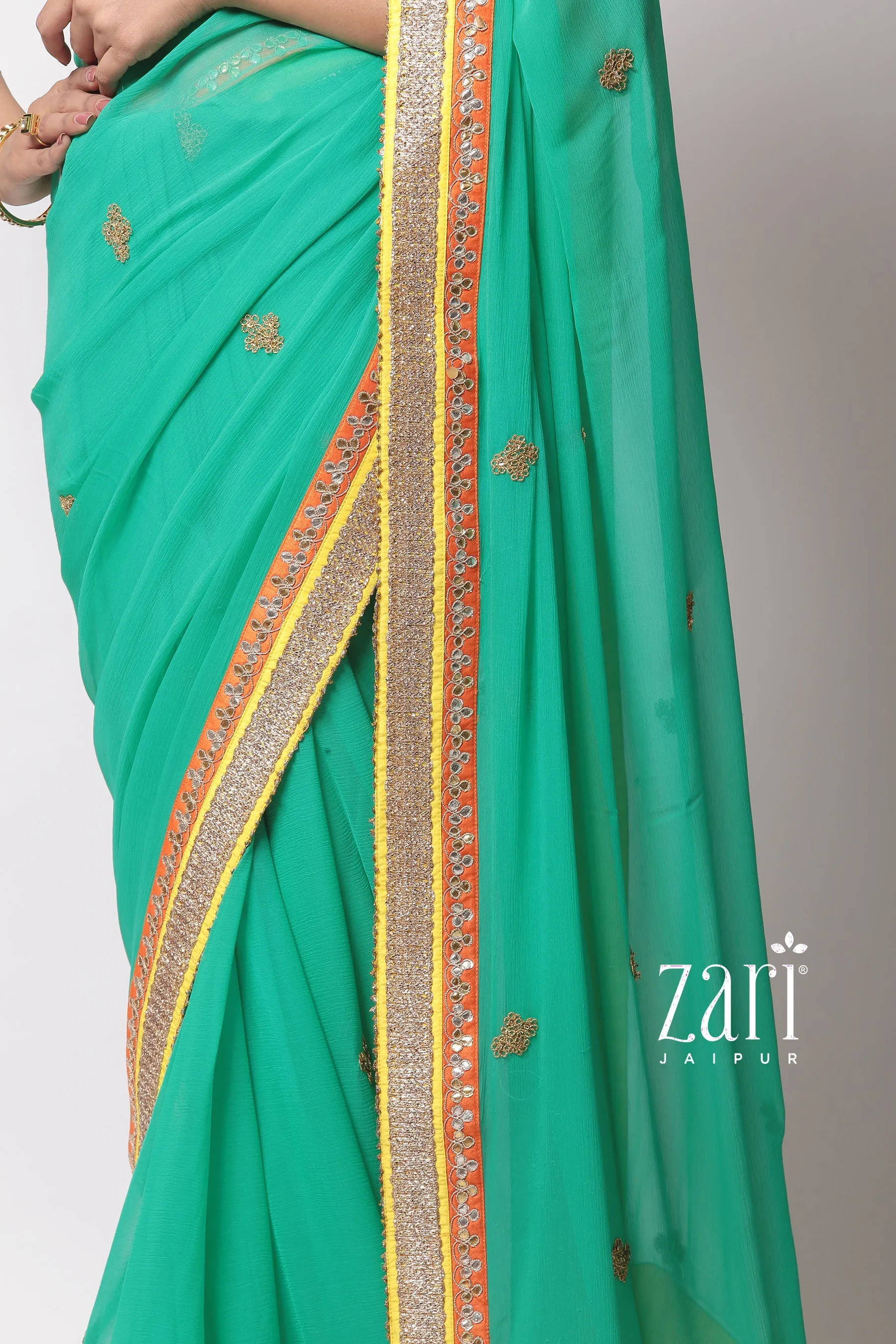 Chiffon  Saree with Aari, Gota, Sequins, Thread work.