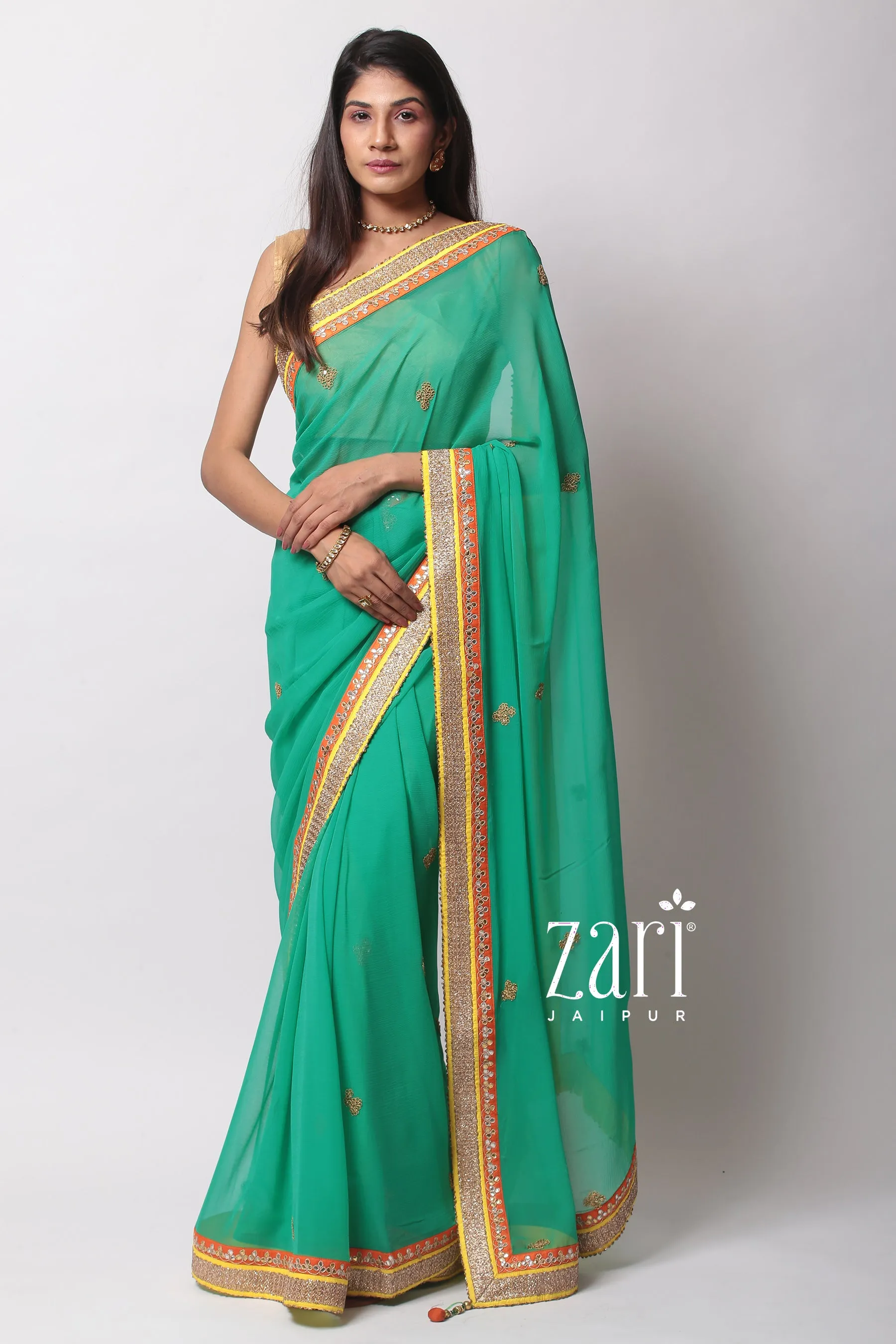 Chiffon  Saree with Aari, Gota, Sequins, Thread work.