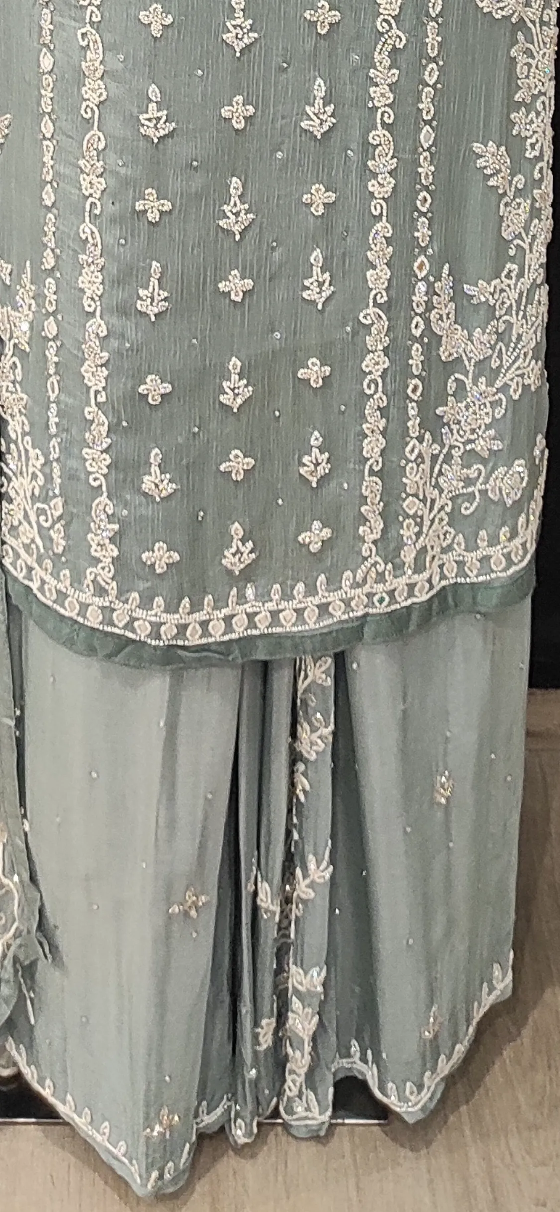 Chinon Unstitched Suit with Hand Work,Beads,Cutdana and Mirror Work with Stitched Sharara