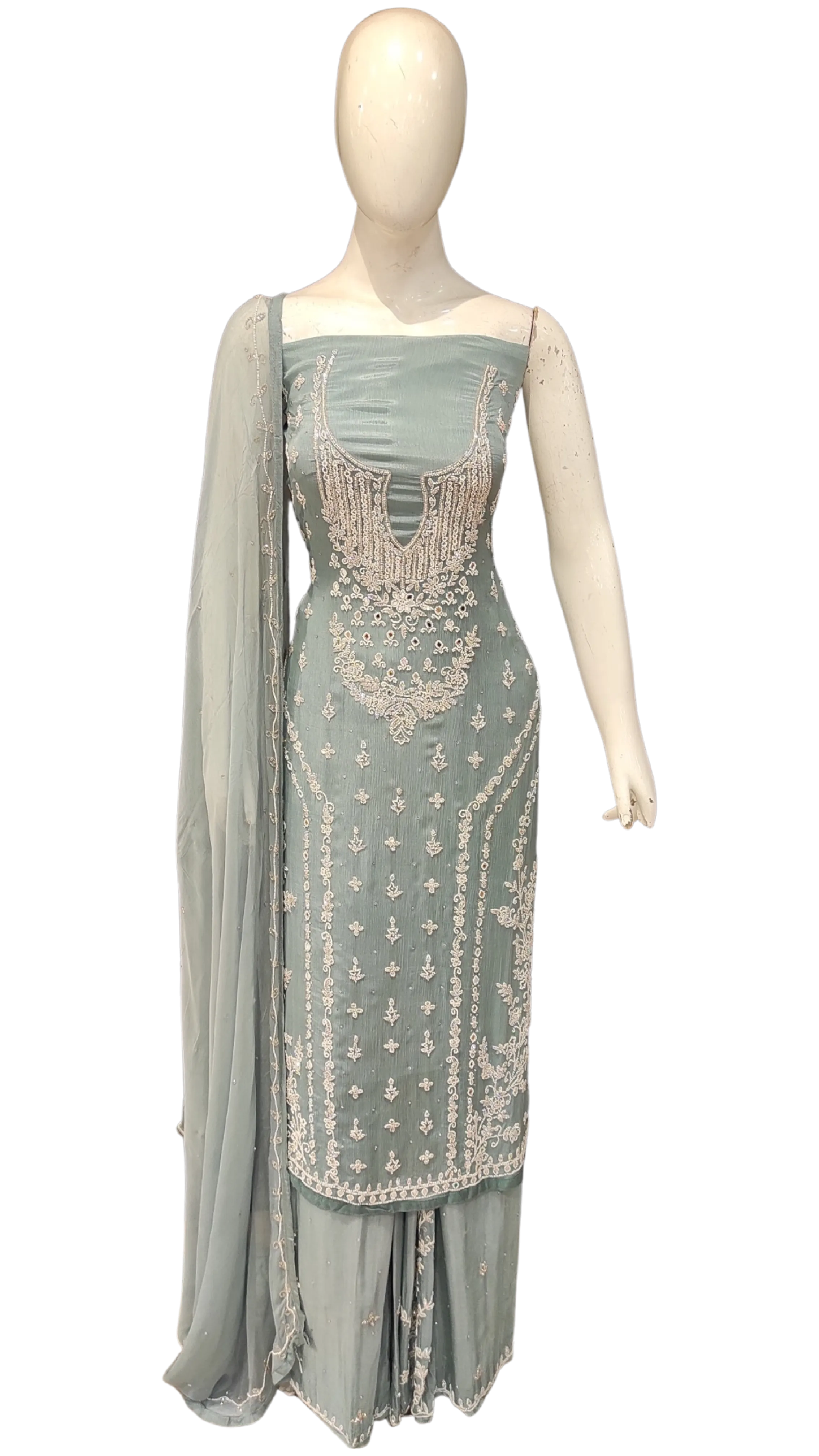 Chinon Unstitched Suit with Hand Work,Beads,Cutdana and Mirror Work with Stitched Sharara