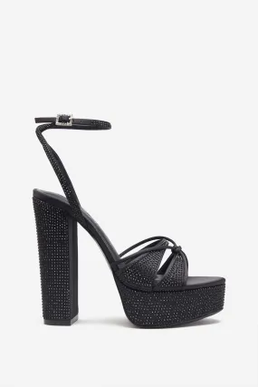 Crystal Cut | Black Strappy Heeled Platform Sandals With Diamante Buckles