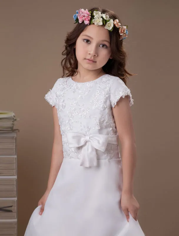 Cute White A-Line Satin Ankle-Length Flower Girl Dress for Wedding