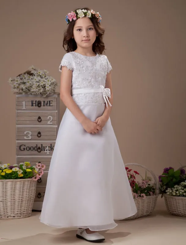 Cute White A-Line Satin Ankle-Length Flower Girl Dress for Wedding