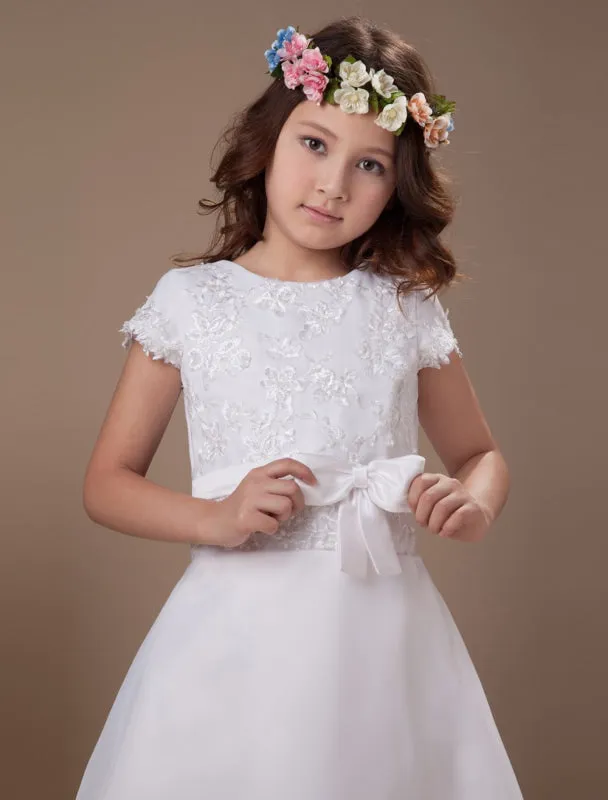 Cute White A-Line Satin Ankle-Length Flower Girl Dress for Wedding