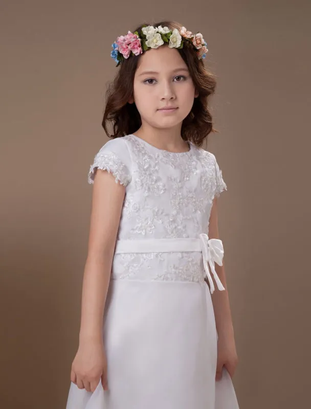 Cute White A-Line Satin Ankle-Length Flower Girl Dress for Wedding