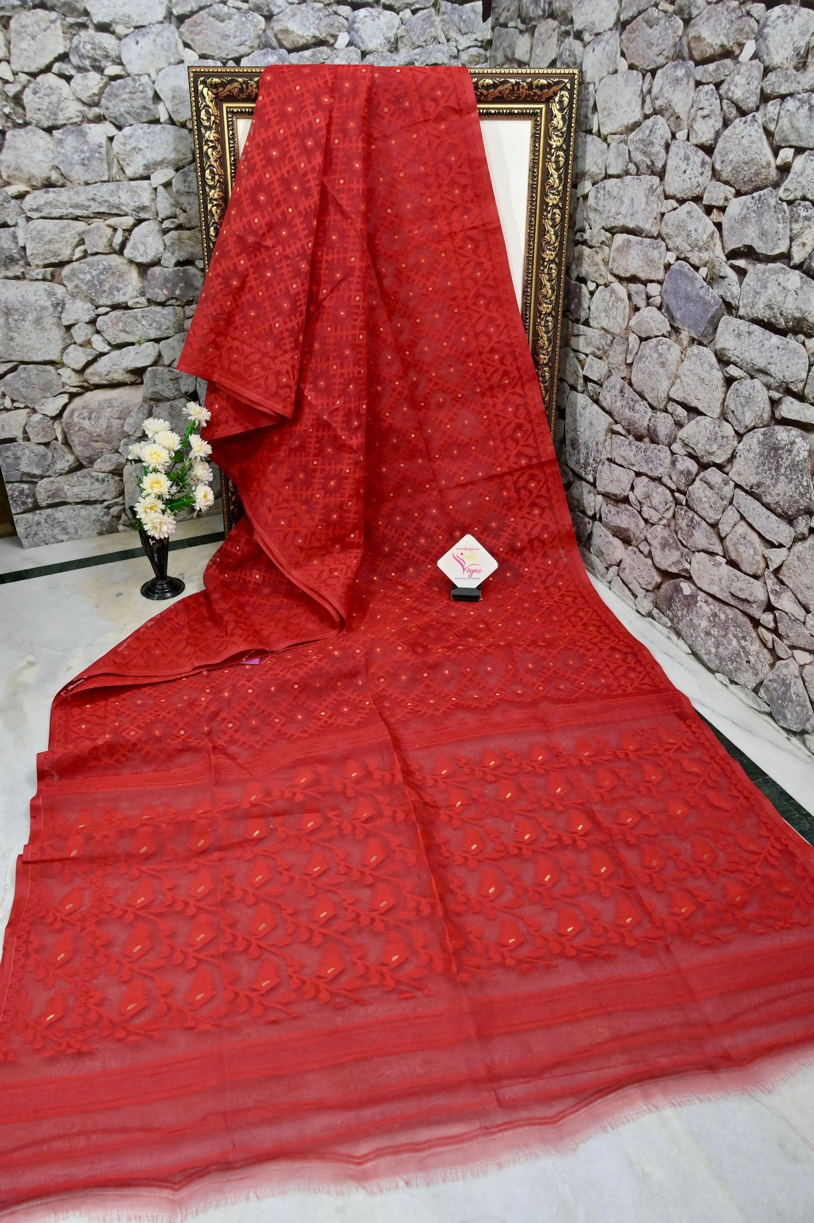 Dark Red Color Jamdani Saree with Allover Work