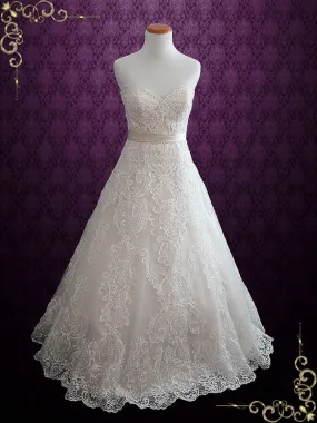 Elegant Lace Strapless A-line Wedding Dress with Sweetheart Neckline | Dahlia