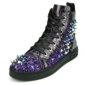 Encore by Fiesso Purple High Top Sneakers with Glitter and Spikes FI 2369