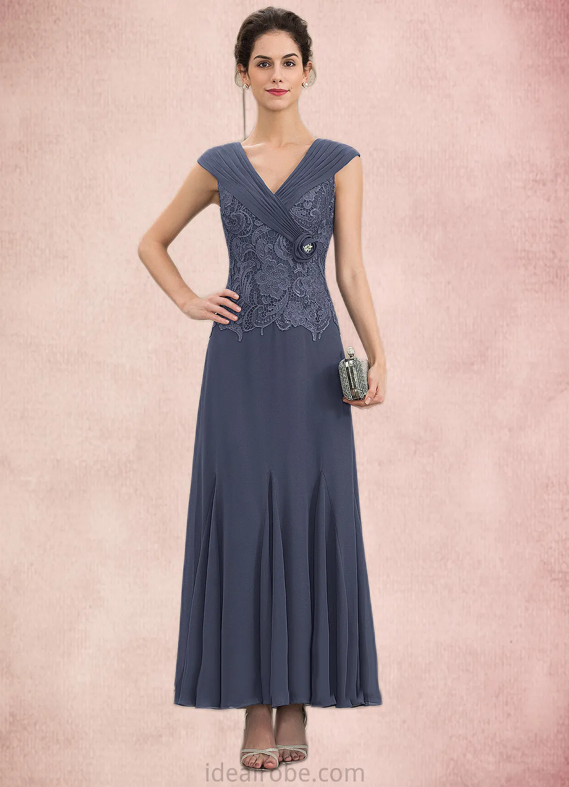 Essence A-Line V-neck Ankle-Length Chiffon Lace Mother of the Bride Dress With Ruffle Beading STK126P0014971