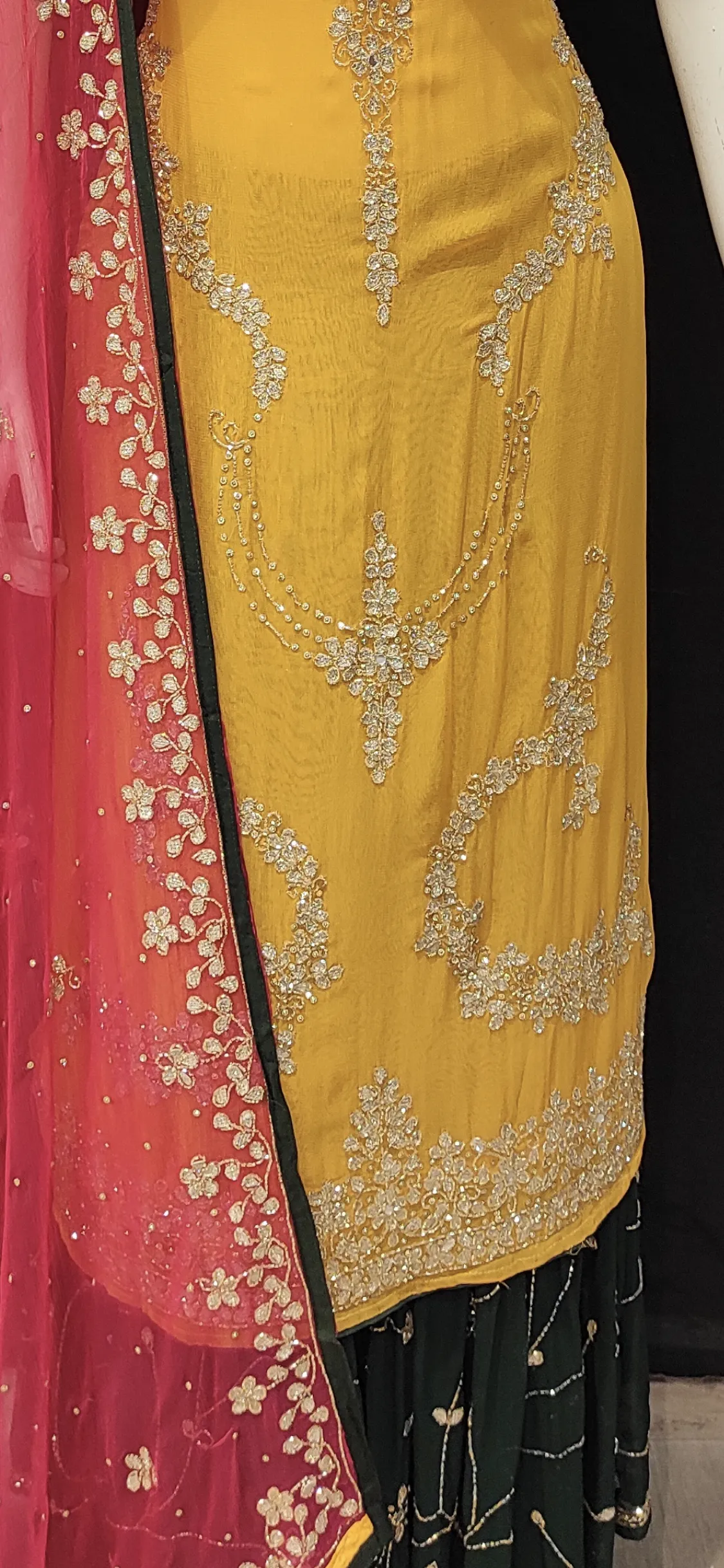 Georgette Unstitched Suit with Hand Work,Cutdana Work,Zari Work and Sharara