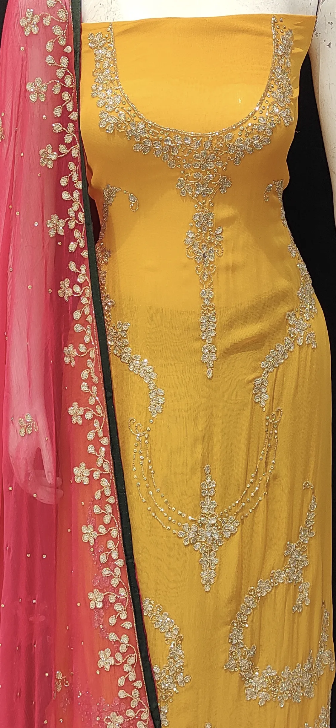 Georgette Unstitched Suit with Hand Work,Cutdana Work,Zari Work and Sharara