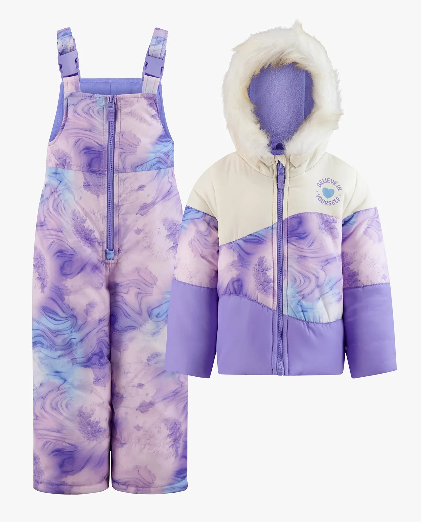 GIRLS ZIP-FRONT COLOR BLOCK JACKET AND OVERALL SNOW PANT