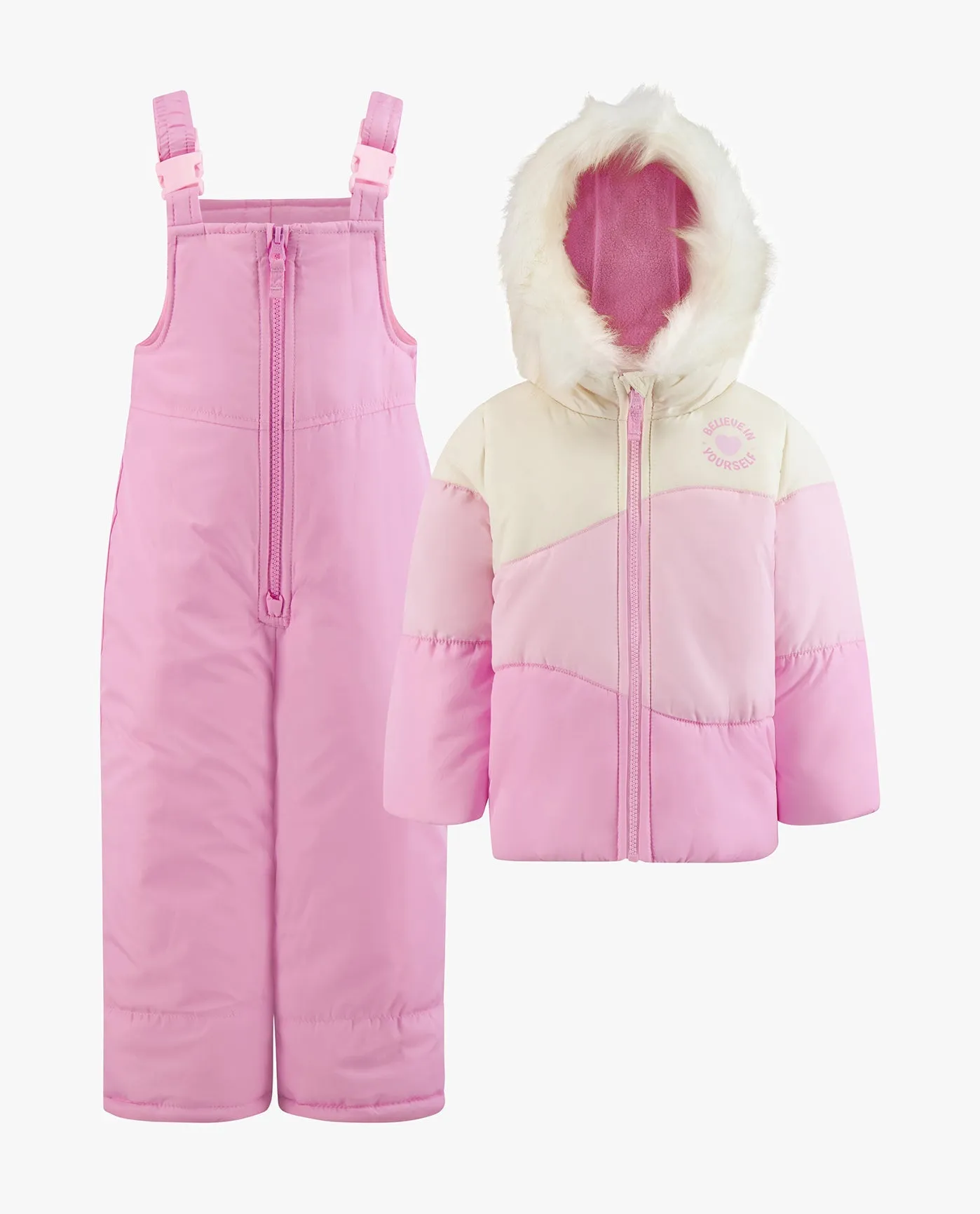 GIRLS ZIP-FRONT COLOR BLOCK JACKET AND OVERALL SNOW PANT