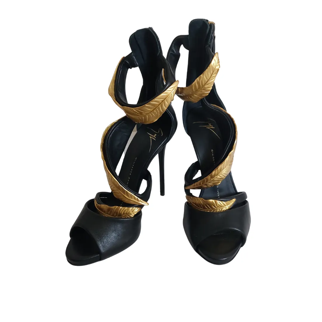 Giuseppe Zanotti Black Leather Gold Leaf Ankle Strap Heels | Brand New |