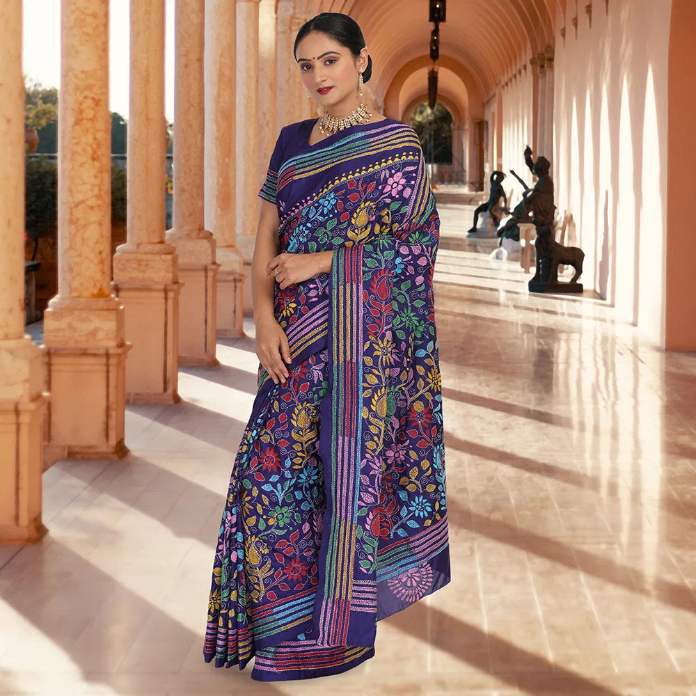 Hand embroidered multicolor kantha work sari