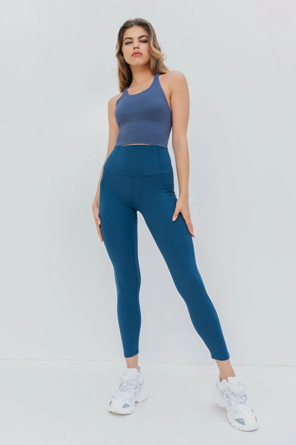 High Waist Mesh Panel Pocket and Ankle Detail Full Length Legging