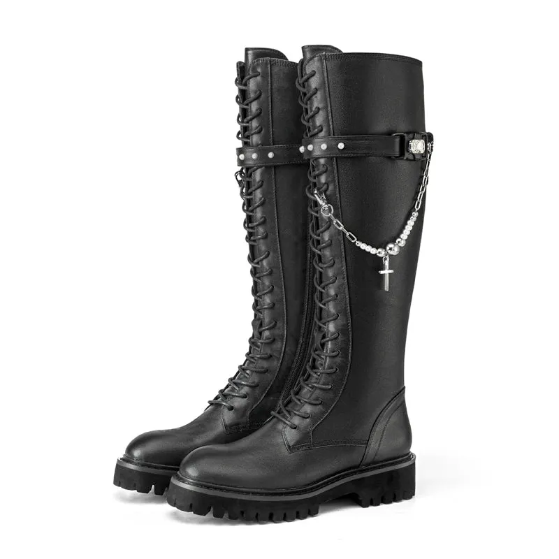 In The Name Of Love Ladies' Cross With Chain Leather Combat Boot 5564 Black