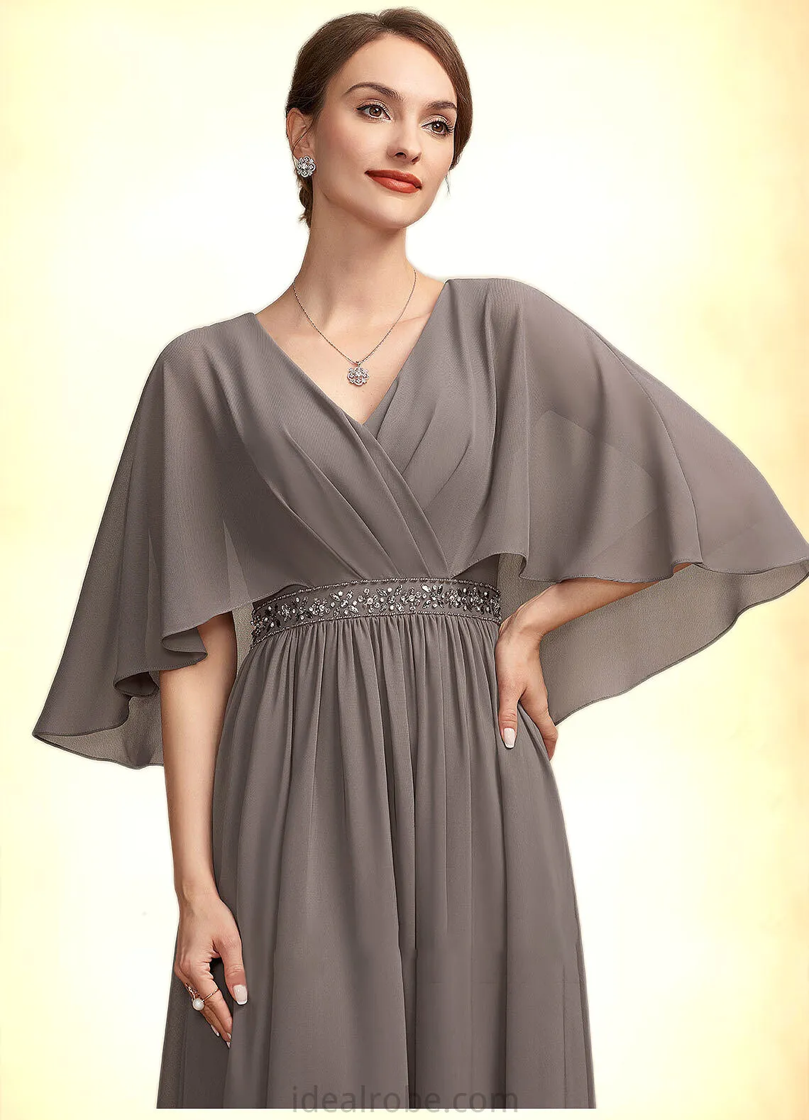 Janessa A-Line V-neck Ankle-Length Chiffon Mother of the Bride Dress With Ruffle Beading STK126P0014723